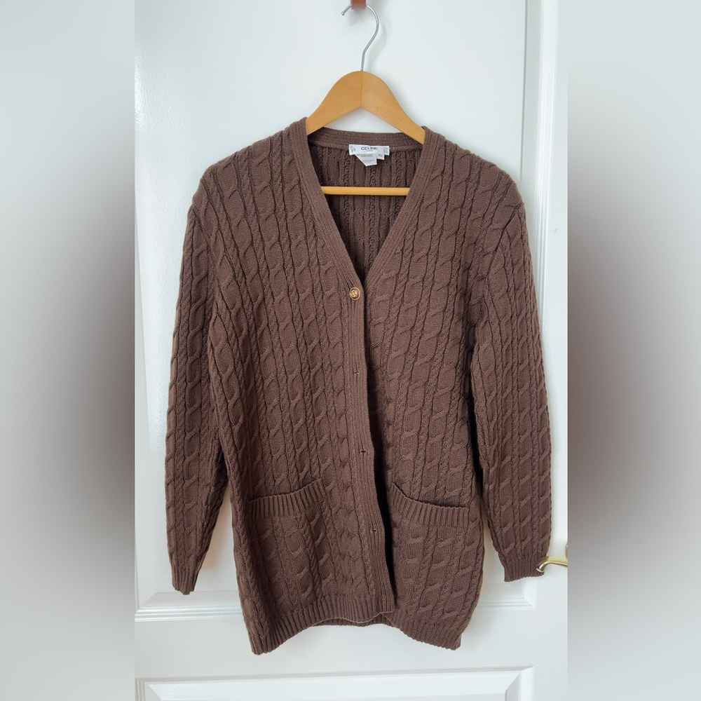 Classic Cable-Knit Brown Cardigan Sweater - Vintage Celine